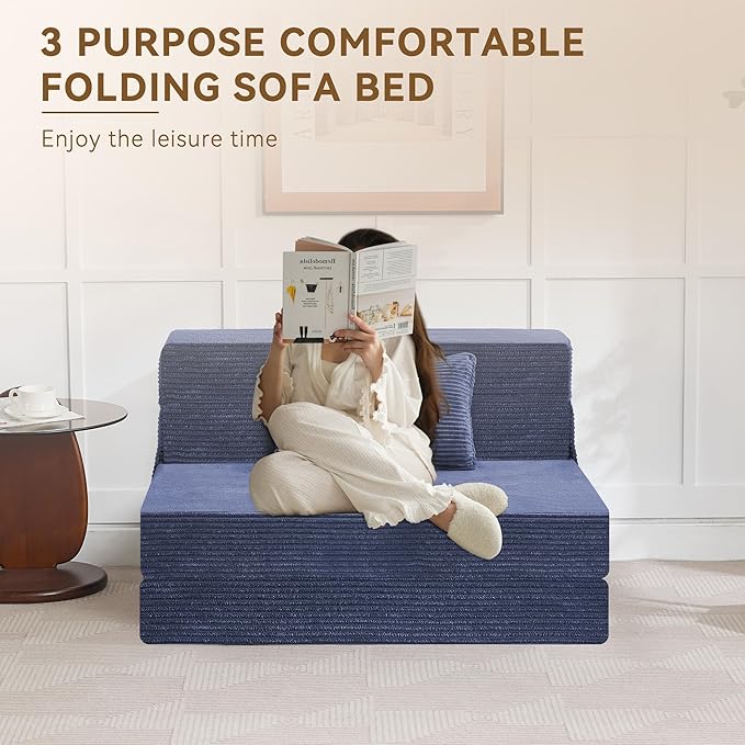Folding Sofa Bed Convertible Floor Couch Foldable Chair Bed with PillowLinen Sleeper Chair FutonFoldable Memory Foam Mattress for Bedroom/Living Room/Dorm/Office (Corduroy Navy Standard)
