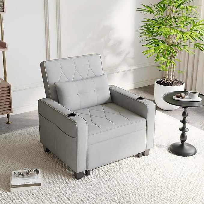 AILEEKISS 3 in 1 Convertible Sleeper Chair Bed Pull Out Sofa Chair Bed with Cup HoldersUSB &amp Type C PortsSide Pockets Linen Fabric Sleeper Single Sofa Couch for LivingroomApartmentOffice(Grey)