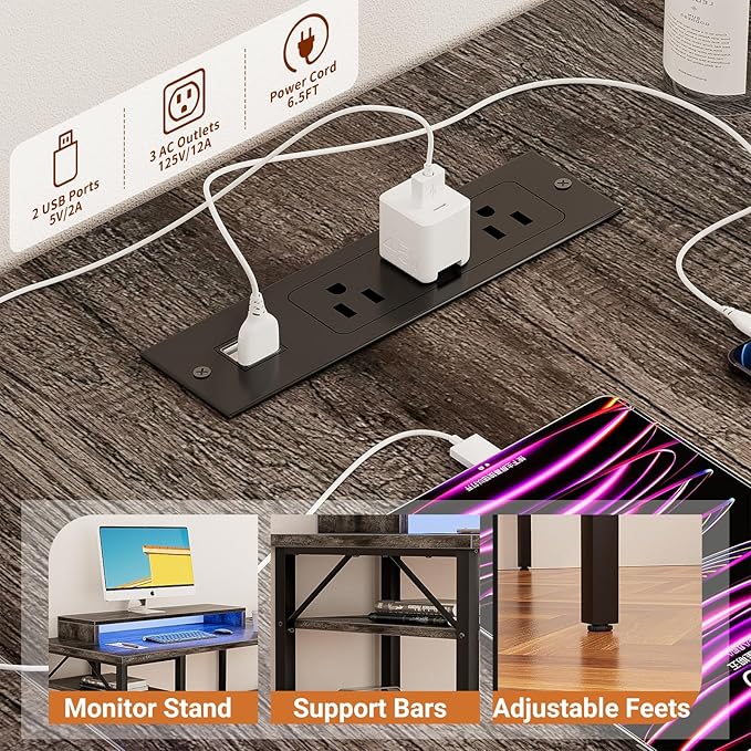Unikito Reversible L Shaped Desk with Power Outlets and RGB LED Light Sturdy Computer Desk with Ergonomic Monitor Stand and Storage Shelves Corner Desk for Home Office Easy Assembly Black Oak