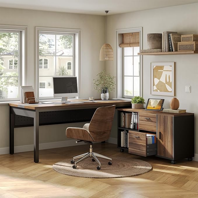 LITTLE TREE 70.8 Executive Desk with Lateral File Cabinet Modern Thickened Wooden Workstation L-Shaped Computer Desk Large Home Office Writing Desk for Home Office