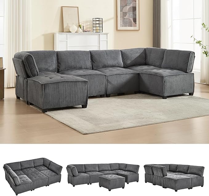 121 Inch Cloud Oversized Modular Sectional Sofa U Shaped Modular Couch with Reversible Chaise Comfy 6 Seat Convertible Sectional Sofa with Ottoman for Living Room Dark Grey