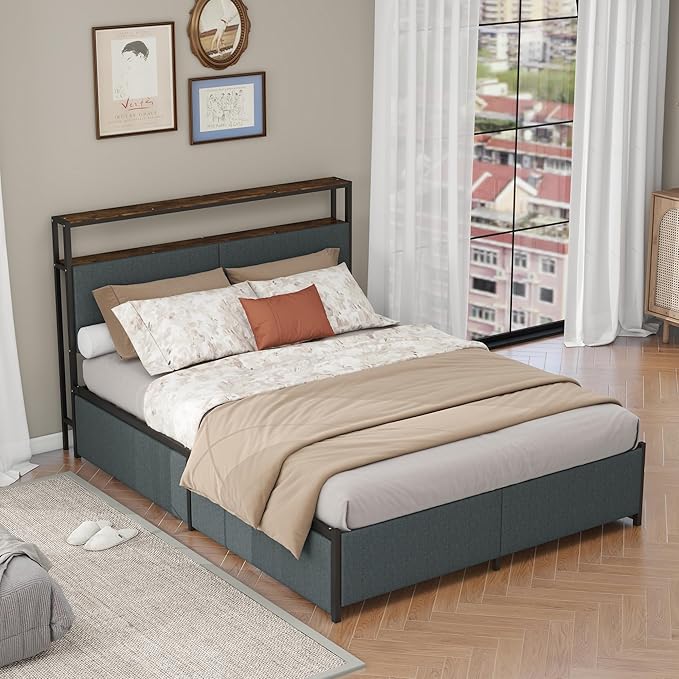 Panana Queen Bed Frame with Storage Headboard Platform Bed with 4 Drawers No Box Spring Needed Easy Assembly Fabric Grey