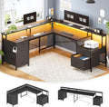 SEDETA L Shaped Desk with 6 Drawer 108 Home Office Desk with File Drawer &amp Power Outlet Corner Computer Desk with Monitor Shelf File Cabinet Two Person Desk Gaming Desk with Led Lights Blac