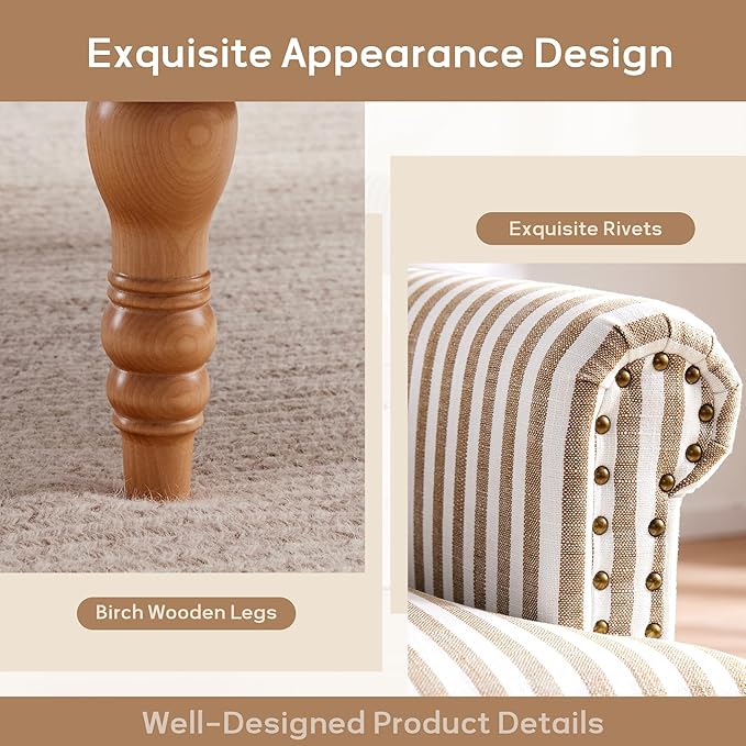 HUIMO Linen Fabric Accent Chair Mid-Century Modern Armchair with Solid Wood Legs Single Sofa ChairUpholstered Reading Club Chair (1 Brown and White Stripe)