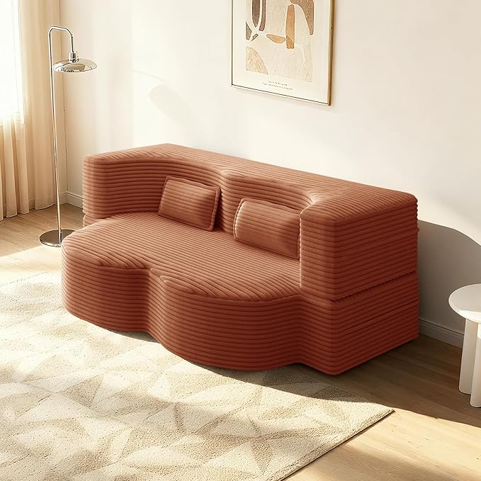 78 Convertible Sofa Bed 2-in-1 Folding Floor Couch with 2 Pillows Sleeper Sofa for Living Room and Bedroom No Assembly Required (Orange Corduroy Fabric)