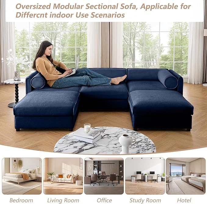 Oversized Modular Sectional Sofa 109 Chenille U-Shaped Sofa with Cylindrical Backrest &amp Armrest Modern Comfy 3-Seat Sofa with 2 Ottoman Upholstered Deep Seat Couch for Living Room Blue