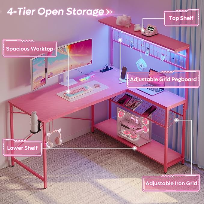 Bestier Gaming Desk 51 L-Shaped with Power Outlets &amp LED Lights- 4 Tier Shelves Reversible Gamer Table with Hooks &amp Cup Holder for Home Office Carbon Fiber Pink