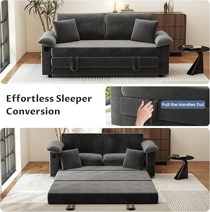 SUNWAVE Oversized Loveseat Sleeper Sofa 77 Convertible Sofa Bed 2-Seat Pull Out Couch w/USB Chenille Queen Folding Sofa Bed for Living Room Small Spaces Bedroom (Black)