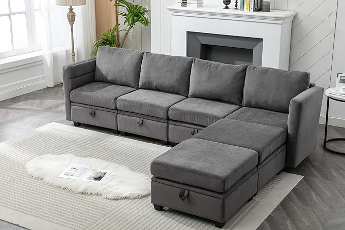 107 Modular Sectional Sofa Storage Couch and Ottoman 6 Seat Convertible U Shaped Couch with Reclining Arm and Back Modular Sectional Couches for Living Room Apartment Small Space(Dark Gray)