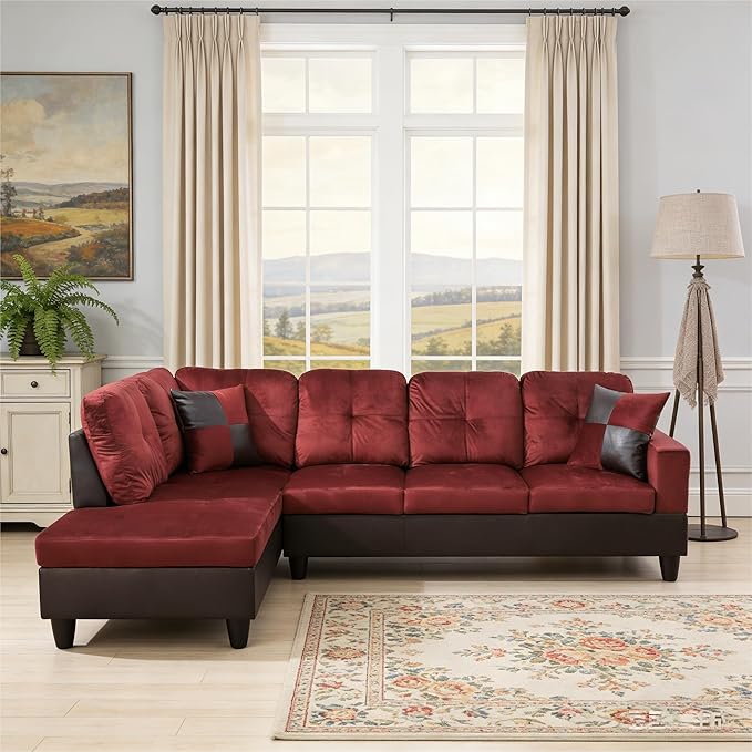 103.5 Inch Modern L-Shaped Couch Flannel Sectional Sofa with Chaise Lounge 4-Seater Couch with Accent Pillows for Living Room Apartment Red