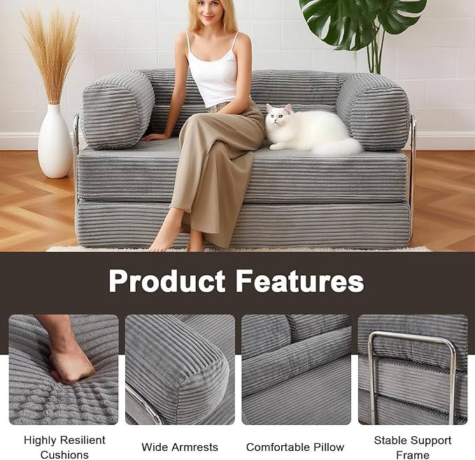 Folding Sofa Bed Convertable Corduroy Couch Convertible Sofa with Fixed-Shape Frame Modular Sectional for Living Room No Assembly Compression Foldable Sleeper (Gray)