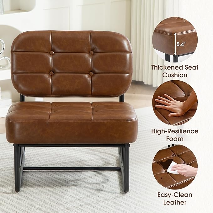 Armless Accent Chair Mid Century Modern Upholstered Leather Chair with Metal Frame 64 Wide Vintage Design for Bedroom Living Room Office Brown