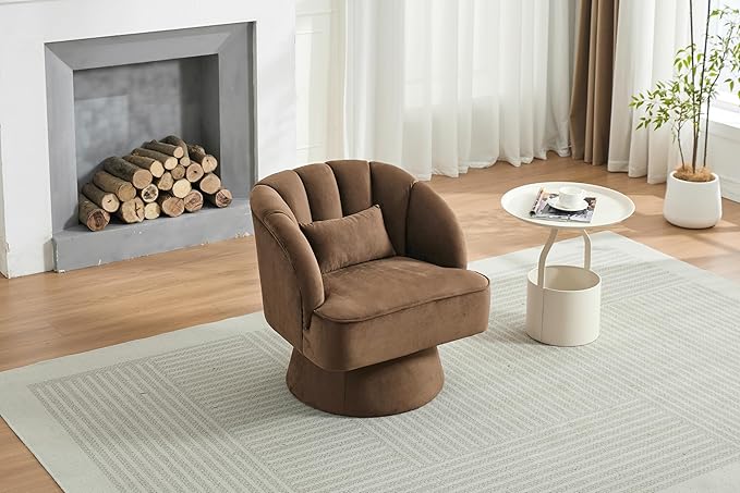 Swivel Barrel Chair - Velvet Upholstered Modern Armchair with Striped Backrest &amp Plush Padding Round Lounge Chair for Living Room Bedroom Small Spaces Brown - (2 Pcs)