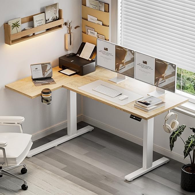 Muvai L Shaped Standing Desk with Cable Management Tray 59 Inch Height Adjustable Electric Standing Corner Desk Sit Stand Up Table for Home Office with Reversible Splice Board Light Rustic Brown