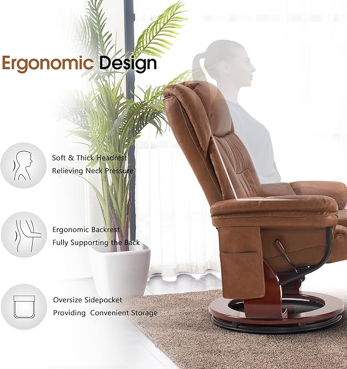 MCombo Swivel Recliner with Ottoman Faux Leather TV Chair with Vibration Massage Ideal for Small Space Living Room &amp Bedroom 4734 (Saddle)