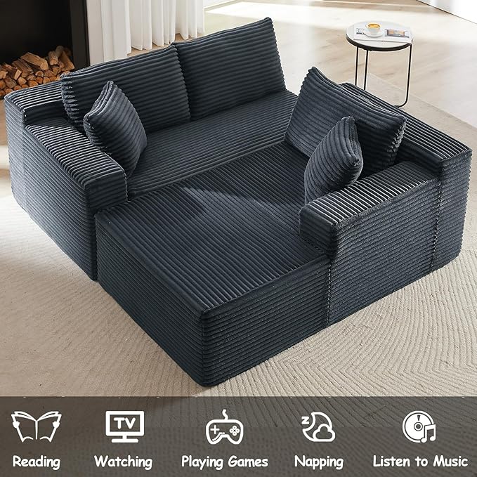 104 Boneless Sectional Couches L Shaped Couch with Deep Seat for Living Room Apartment Corduroy Memory Foam Couch with Comfy Pillows (Dark Grey Right Chaise)
