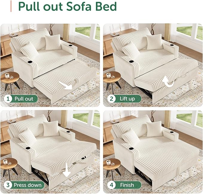 52” 3-in-1 Convertible Pull-Out Sofa Bed Sleeper Loveseat with Built-in Cup Holders Reclining Backrest Pet-Friendly Corduroy Sofa for Small Space - White