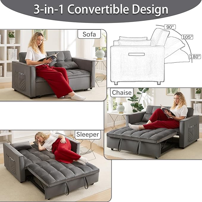 70 3 in 1 Pull Out Couch Loveseat Sleeper Sofa with Side Pockets Convertible Velvet Fabric Sofa Bed for Living Room Bedroom Apartment Easy Assembly Grey