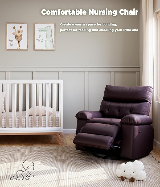 GarveeHome Oversized Wide Rocker Swivel Recliner Chair - PU Leather Manual Recliner for Adults Large Nursery Chair Lazy Recliner with Comfort Arm and Back for Living Room Bedroom