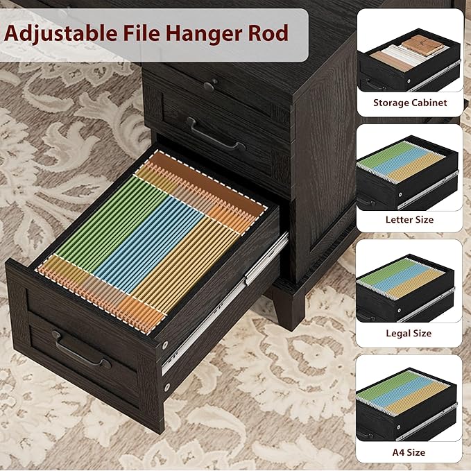 IDEALHOUSE Rustic Wood Double Desk with Built-in Charging Station &amp 4 File Drawers Spacious 2-Person Writing Table for Home Office Heavy-Duty Dual Workstation for Study &amp Work Black