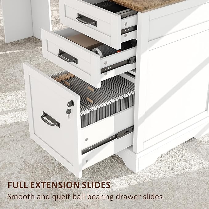 Whalefall Farmhouse L Shaped Desk with Drawers 67 Inch Executive Home Office Desk with File Cabinet Computer Corner Desk with Charging Station White