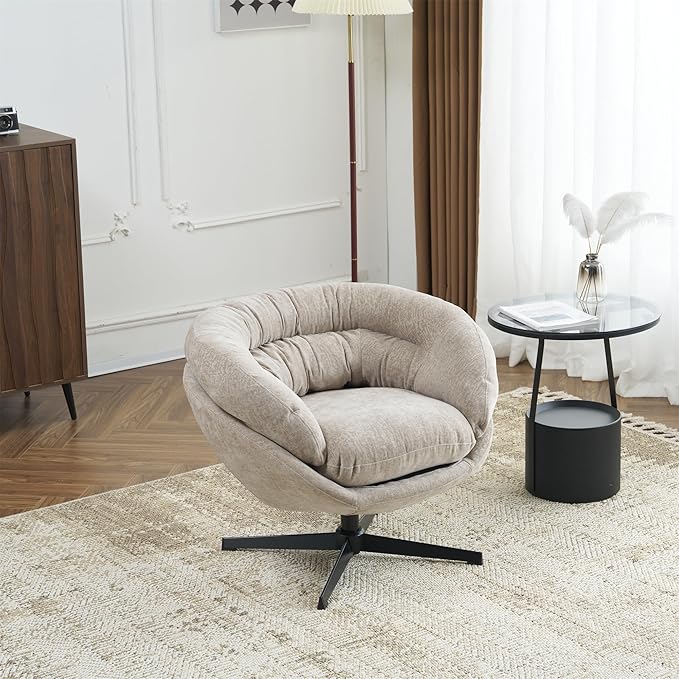 Christopher Knight Home 360° Swivel Club ChairChenille Upholstered Accent Chair with Removable Cushion Round Office Chair with Black Metal BaseBrown