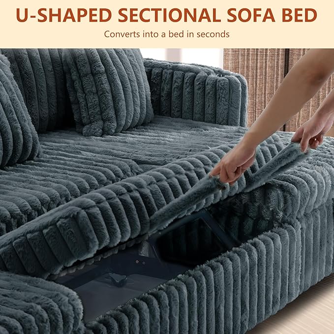 107 Sectional Sleeper Sofa with Pull Out Bed Comfy Fluffy Plush Corduroy Cloud Sectional Couches for Living Room U Shaped Modular Couch with Storage Chaise Cup Holder &amp USB Charger Dark Grey