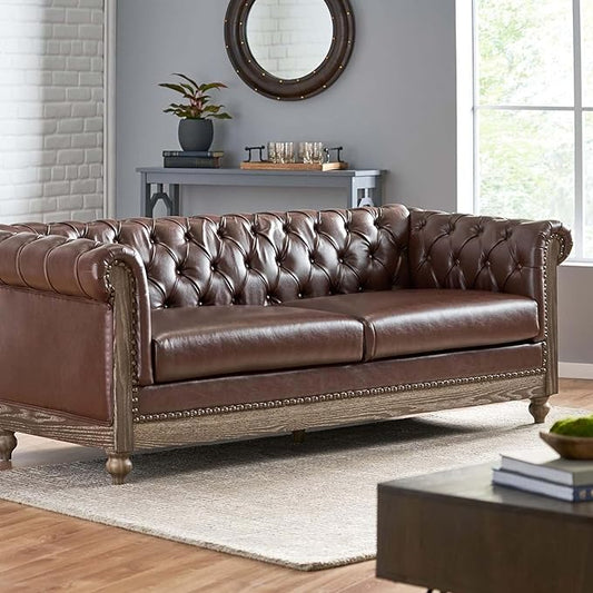 78.75 Upholstered Chesterfield Couch Modern 3 Seater Sofa with Tufted Back and Square Arms Wood Leg Nailhead Sofa for Living Room/Office/Apartment/Small Space PU Leather Dark Brown