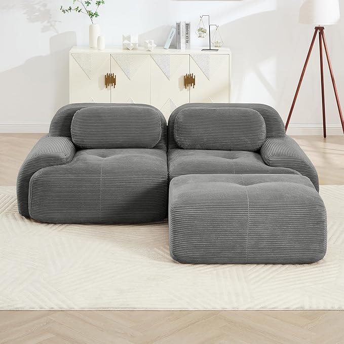 82 Foam Compressed Cloud Sofa28 Feep Seat Pet-Friendly Corduroy Oversize Sectional Couch with Movable Ottoman 2 Seater Modular Cloud Couch for Living Rooms Apartments Leisure RoomsGrey