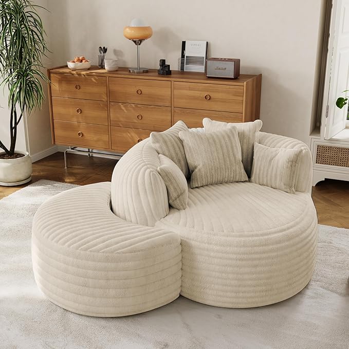50 Oversized Chaise Lounge Indoor Round Reading Chair Lounge Chair with Ottoman Boneless Sofa Bed Large Fluffy Plush Corduroy Chaise Chair for Living Room Playroom Bedroom Beige White