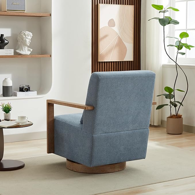 30.3 W Swivel Accent Chair with Solid Wood Armrests Modern Upholstered Armchair with Rubberwood Base 360 Degree Comfy Lounge Reading Chair for Living Room Bedroom or Office (Pale Blue)