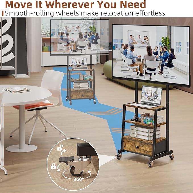 Rolling TV Stand with Wheels and Mount &amp Fabric Drawer - Entertainment Center with Power Outlet and Small TV Stand for Bedroom Living Room - 15 Rustic Brown