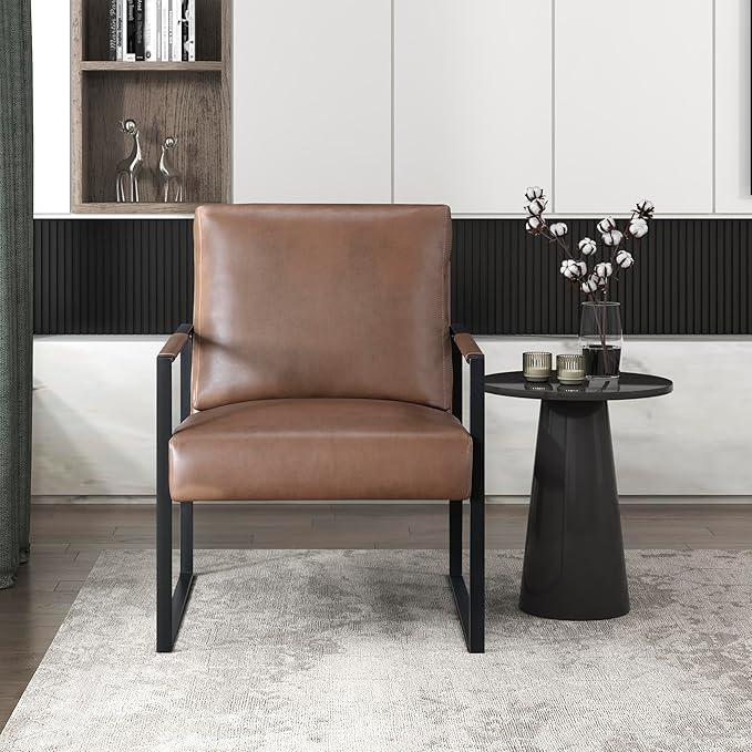Lexicon Modern Accent Chair Faux Leather Upholstered Living Room Chair with Wrapped Armrests Arm Chair with Black Metal Frame Comfy Single Chair for Living Room/Bedroom/Reading Room/Office Brown