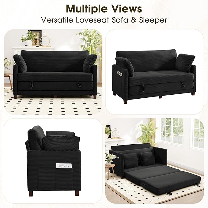 65 Convertible Loveseat Sofa Bed 2-in-1 Folding Sofa Bed with 2 Pillow for Small Spaces Modern Loveseat Sleeper Couch for Apartment Living Room &amp Guest Room (Black Corduroy 65 inch)