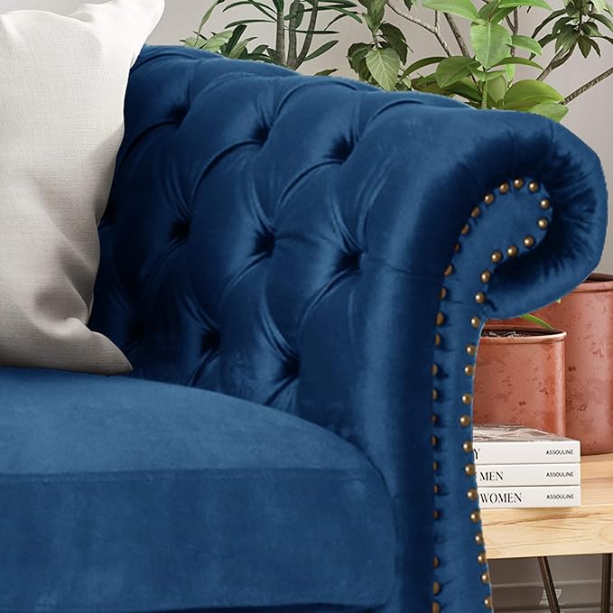 Great Deal Furniture GDFStudio Chesterfield Tufted Jewel Toned Velvet Sofa with Scroll Arms Navy Blue
