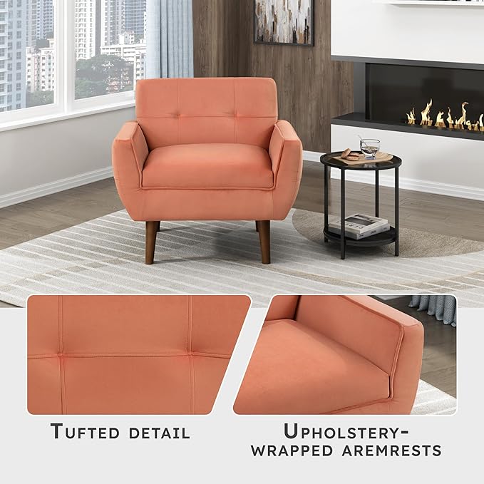 Lexicon Mid Century Modern Accent Chair with Dark Brown Solid Wood Leg Velvet Upholstered Living Room Chair Lounge Arm Chair Tufted Detail Single Sofa Chair Comfortable Reading Chair Orange