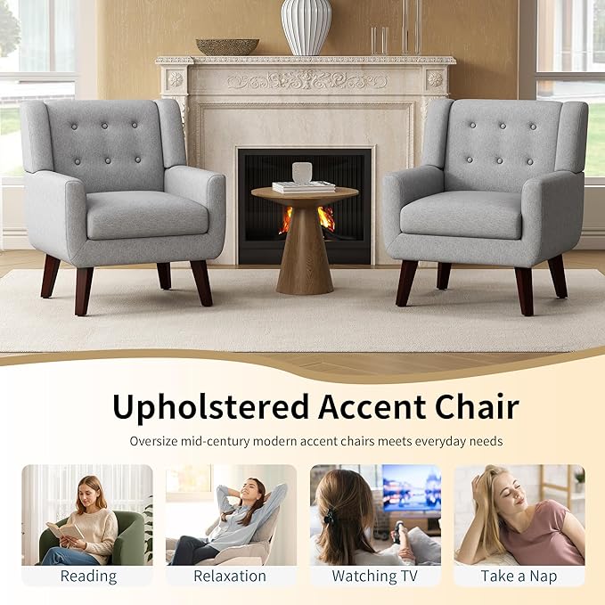 Accent Chairs Mid-Century Modern Upholstered Living Room Armchair Comfy Oversized Linen Fabric Single Reading Arm Chair with Tufted Back and Wood Legs for Bedroom Club (1 Light Grey)