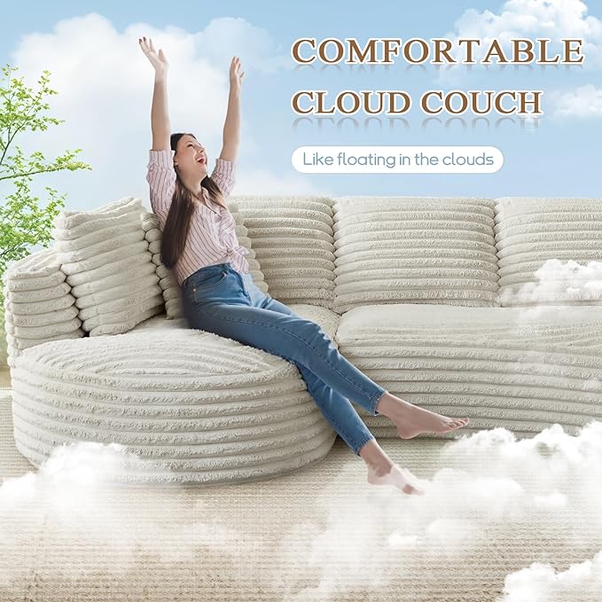 120W Oversized Modern Curved Cloud CouchCorduroy Modular Sectional Sofa with Chaise L Shaped Boneless Couch Compression Foam Sofa for Living Room Bedroom No Assembly Required(Left Facing Cream)