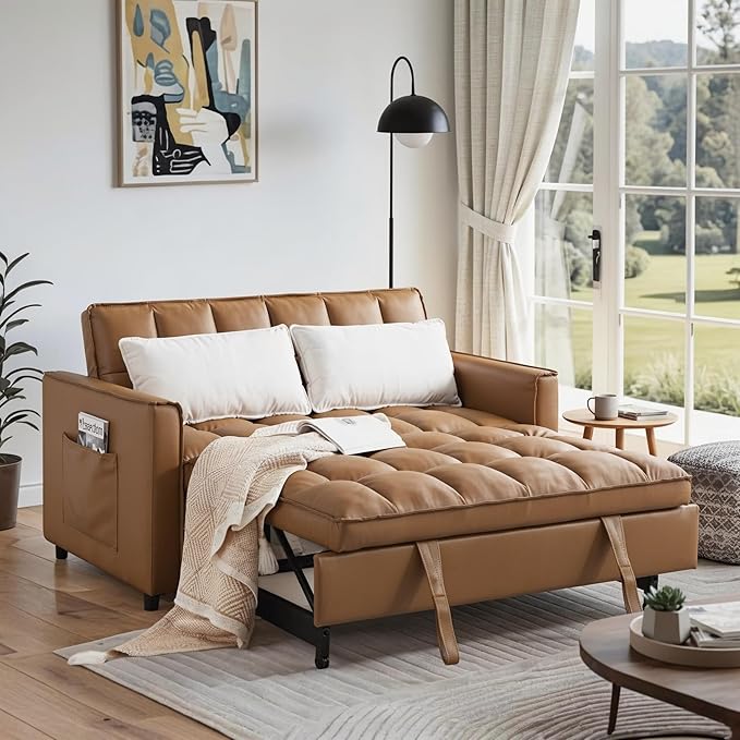 3 in 1 Convertible Sofa Bed Love Seat Sleeper Bed with Side Pockets PU Fabric Pull Out Couch with Adjustable Backrest for Living Room Bedroom Apartment Brown