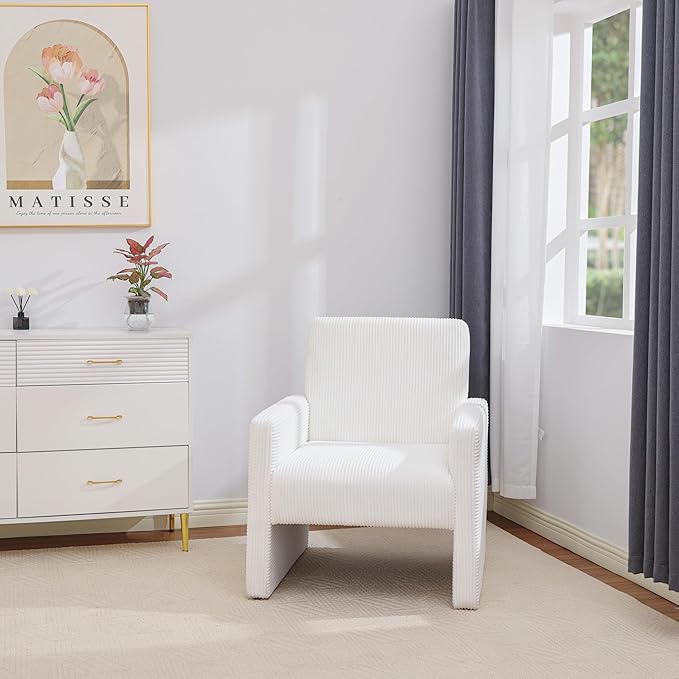 FUNKEEN Mid Century Modern Accent Chair for Living Room Small Comfy Corduroy Reading Chair for Bedroom with Solid Wood Frame 105° Ergonomic Cozy Lounge Armchairs for Adults – White