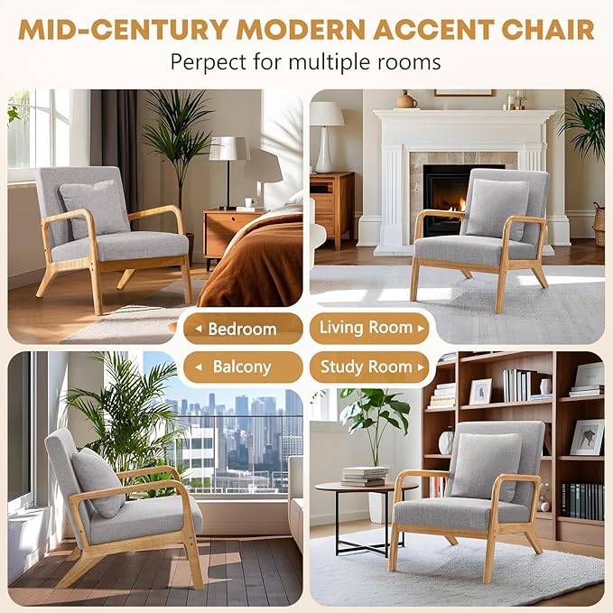 ELUCHANG Mid-Century Modern Accent Chair with Lumbar PillowUpholstered ArmchairLinen Fabric Comfy Reading Chair Lounge Side Chair for Living Room Bedroom ApartmentEasy Assembly(Grey2pcs)