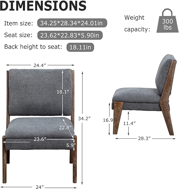 Chenille Single Accent Chair Wooden Legs Padded Upholstery High Density Foam Small Modern Armless Chair for Living Room Bedroom Dark Grey