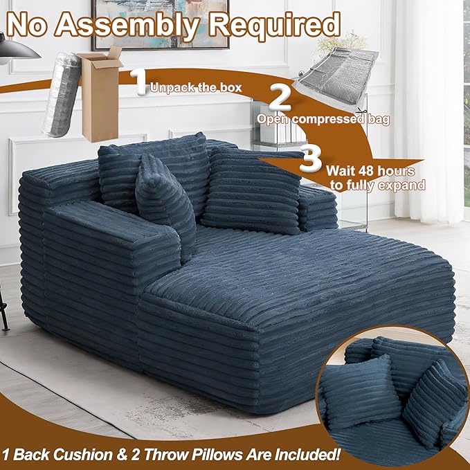 Avenix Boneless Oversized Chaise Lounge Chairs Indoor 66 Boneless Oversized Chaise Lounges Indoor Boneless Oversized Reading Chairs Cloud Sleeper Sofa Couch Bed with 3 Pillows for Living RoomBlue