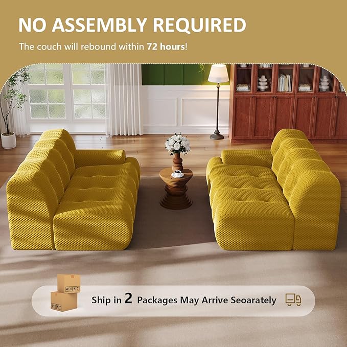 118 Boneless Cloud Sectional Couch4 Seater Modern Modular Sofa with Deep Seat Upholstered Couches with High-Density Foam for Living Room BedroomNo Required(Yellow 4-Seater)