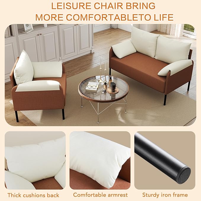 LSSBOUGHT Modern Loveseat and Chair Set Chenille Fabric Armchairs Accent Chair. Living Room Chair for Bedroom ApartmentSmall Space(Orange 1 Loveseat+1 Chair)