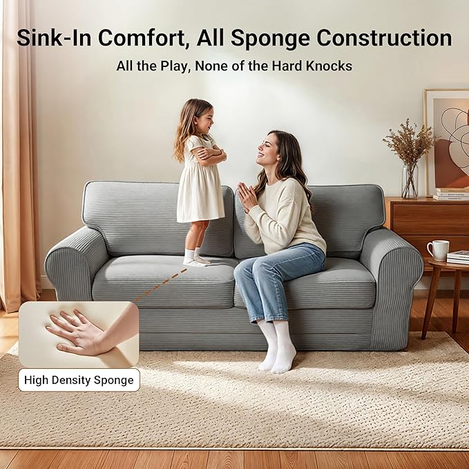 Claiks 83 Corduroy Loveseat Sofa for Living Room Boneless Sofa with Wide Rounded Armrest Deep Cushioned Couch with Lock-Stitched Edges Skin-Friendly Cloud Couch White Light Grey | Corduroy Bone