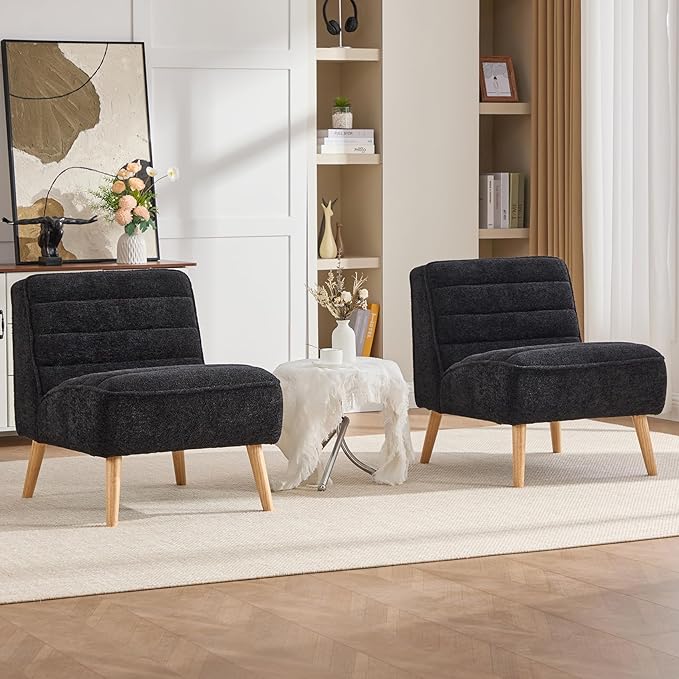 Armless Accent Chairs Set of 2 Single Sofa Chair Mini Cute Side Sofa with Sherpa Fabric Upholstered Cushion for Small Space Apartment Bedroom Living Room Black.