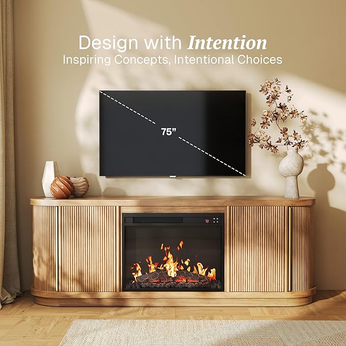 BELLEZE 67 Fluted TV Stand with Electric Fireplace Heater w/Sound Curved Entertainment Center with Sliding Tambour Doors Media Console Table for TV up to 75 for Living Room (Camel)