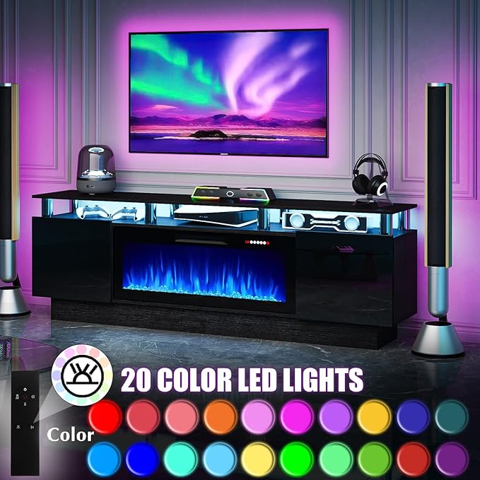 70 Modern Fireplace TV Stand with 36 Electric Fireplace for TVs Up to 80 inch Luxury LED Light Entertainment Center with High Gloss Cabinet TV Consoles for Living Room Black
