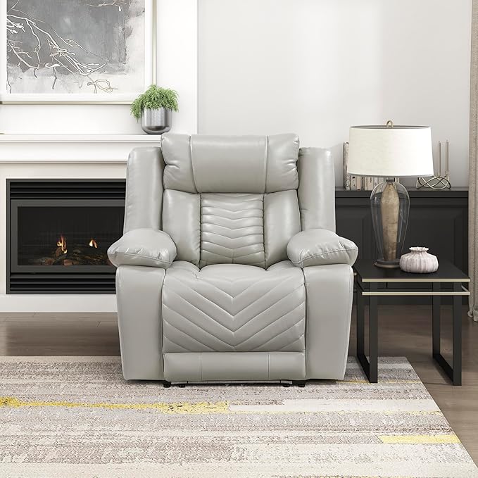 Lexicon Power Recliner Chair Faux Leather Upholstered Home Theater Seating with LED Lighting USB Charging Ports Single Wall Hugger Reclining Chair for Living Room/Bedroom Easy Assembly Gray
